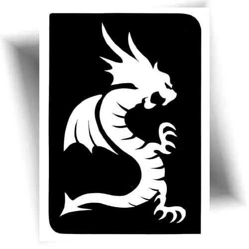 Pochoir tatouage dragon adhésif, idéal pour créer des tatouages éphémères scintillants avec paillettes ou fards gras.