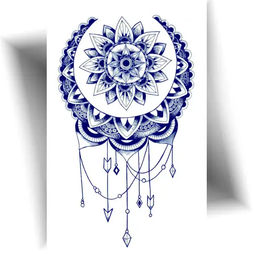 Tatouage au jagua motif Lune Mandala bleu nuit, semi-permanent, application facile.
