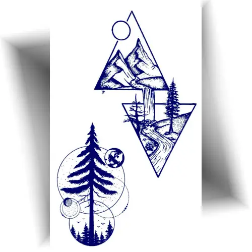 Tatouage éphémère jagua montagne : Ce motif, d'une teinte bleu nuit réaliste, dure entre 8 et 15 jours et symbolise la paix et le dépassement de soi.