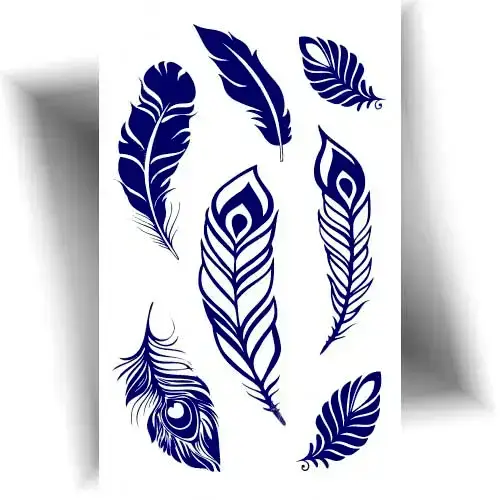 Tatouage semi permanent plume au jagua : 7 plumes variées, avec une tenue de 8 à 15 jours.