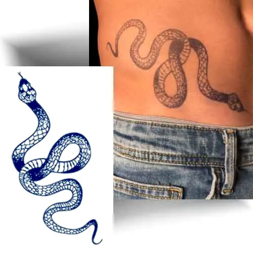 Tatouage temporaire serpent au jagua, design réaliste bleu nuit, symbole de transformation et de renouveau.
