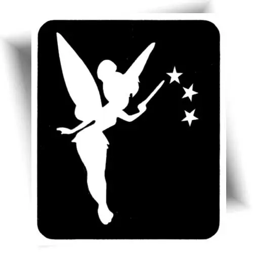 Pochoir fée scintillante pour créer des tatouages éphémères pailletés inspirés d'un personnage féerique, idéal pour les fêtes et les animations pour enfants.