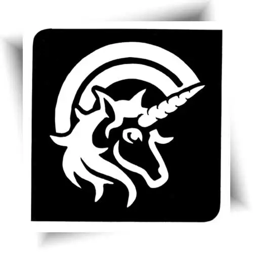 Pochoir adhésif licorne féerique pour tatouage temporaire pailleté, motif tête de licorne avec arc-en-ciel, idéal pour des animations scolaires ou pour un anniversaire joyeux.