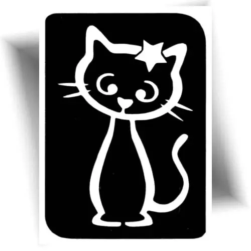 Pochoir tatouage adhésif Chat Câlin, design adorable avec un chat et une étoile sur l'oreille. Idéal pour créer un tatouage temporaire avec paillettes ou fards gras cosmétiques. Facile à appliquer et parfait pour les enfants.