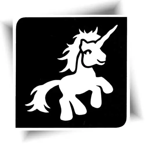 Pochoir tatouage petite licorne pour enfants, idéal pour fêtes et événements scolaires.