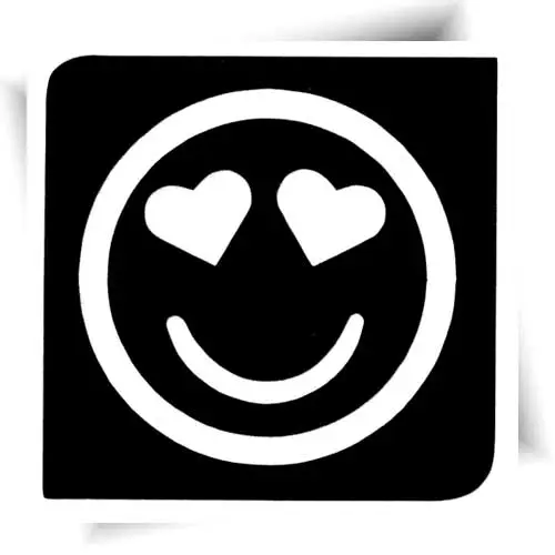 Pochoir tatouage éphémère smiley love, avec des yeux en cœur, idéal pour créer des tatouages fun et colorés lors d'événements joyeux comme les fêtes d'anniversaire ou les animations scolaires.
