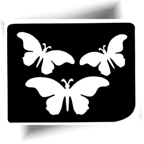 Pochoir adhésif tatouage trio de papillons permettant de créer des tatouages temporaires en utilisant des paillettes ou des fards gras cosmétiques.