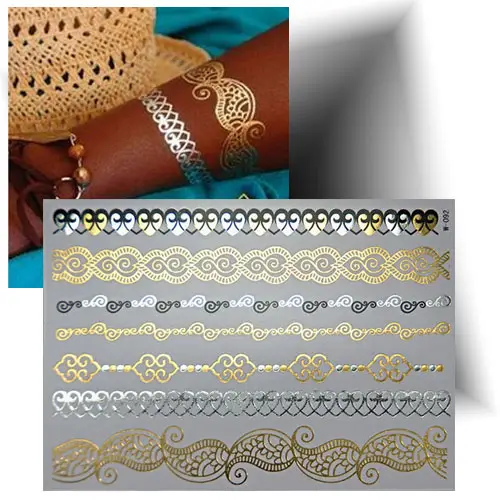 Tatouage éphémère bracelet oriental doré et argenté – Planche de 7 tatouages temporaires effet bijou pour femme.
