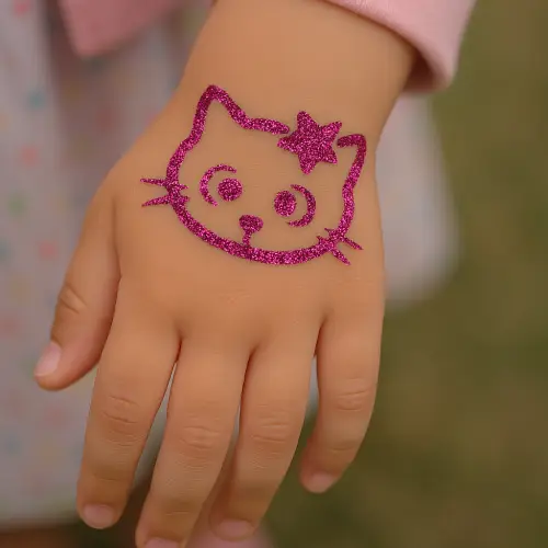 Tatouage pailleté éphémère motif chat avec étoiles pour enfant – Design mignon et scintillant à réaliser avec le pochoir adhésif Mikiti.