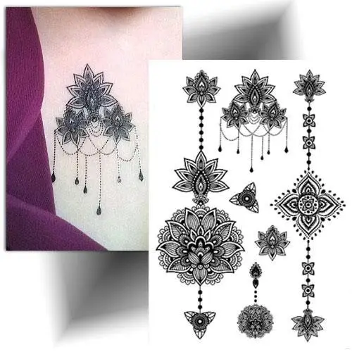 Tatouage temporaire dentelle mandala noir, un design délicat et élégant qui mêle motifs mandala et dentelle pour sublimer le corps. Idéal pour ajouter une touche de féminité à votre look.