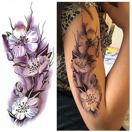Tatouage temporaire orchidée, une fleur exotique symbolisant l'amour et la beauté. Facile à appliquer et se retire facilement avec de l'huile ou de la crème.