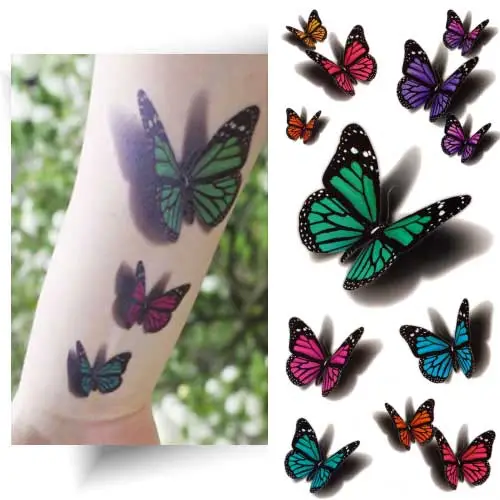 Tatouage temporaire papillon 3D avec effet réaliste, ombrages détaillés pour une illusion de papillons en vol, facile à appliquer.
