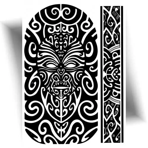 Tatouage éphémère Tiki Polynésien avec deux motifs : un Tiki emblématique et un bracelet au style Maori.