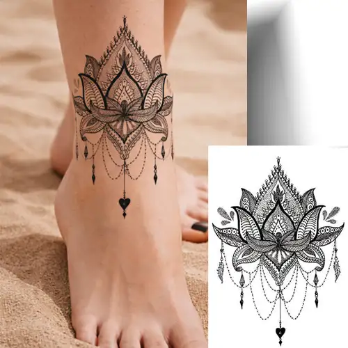 Tatouage temporaire fleur de lotus mandala noir motif féminin.