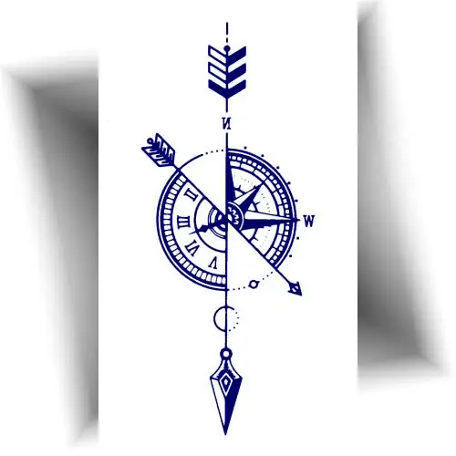 Tatouage temporaire jagua boussole et flèche, encre bleu nuit, effet réaliste et longue tenue de 8 à 15 jours.