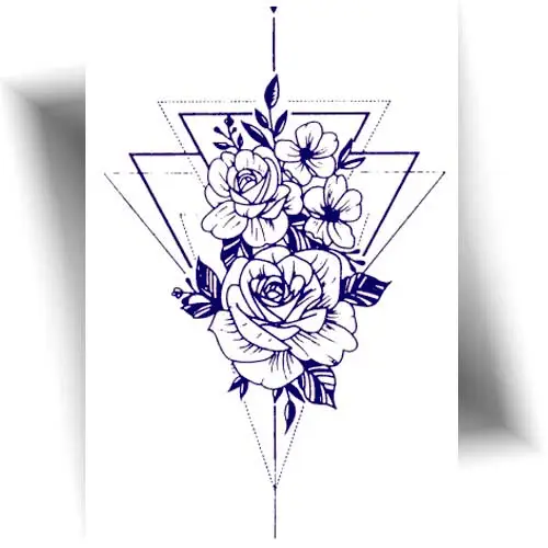Tatouage temporaire jagua, motif de rose géométrique avec des triangles, couleur bleu nuit, effet réaliste pendant 1 à 2 semaines..