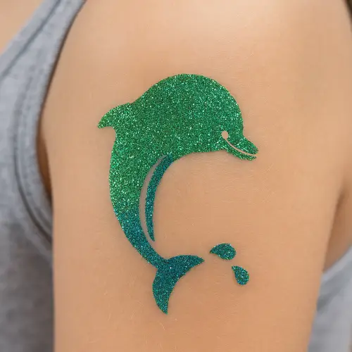 Tatouage temporaire en paillettes représentant un dauphin, réalisé à l’aide d’un pochoir adhésif, de la colle pour la peau et des paillettes.