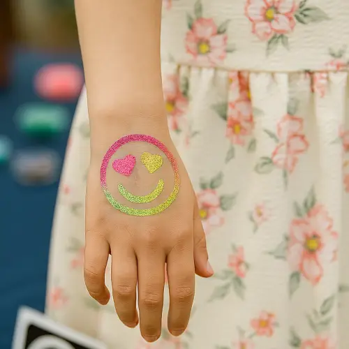 Tatouage temporaire pailleté représentant un smiley aux yeux en forme de cœur, réalisé avec un pochoir adhésif, des paillettes colorées et de la colle cosmétique.