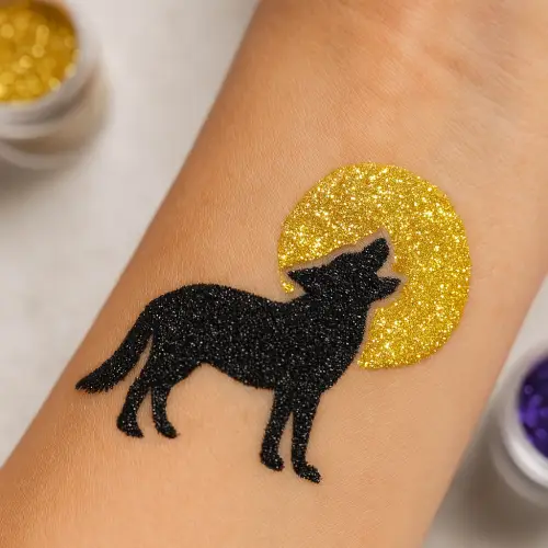 Pochoir adhésif pour tatouage temporaire représentant un loup, utilisé avec des paillettes ou du maquillage cosmétique pour enfants.