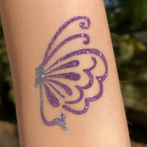 Tatouage pailleté papillon éphémère réalisé avec un pochoir adhésif, de la colle cosmétique et des paillettes.