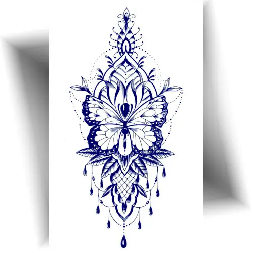 Tatouage semi-permanent au jagua, motif papillon mandala de grande taille, bleu nuit réaliste, idéal pour le bras, le dos ou la poitrine. Tenue de 8 à 15 jours.
